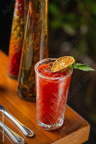 A classic Bloody Mary cocktail served in a crystal glass with salted rim, ice cubes, and garnished with a dried lime slice and fresh parsley, set on a wooden table.