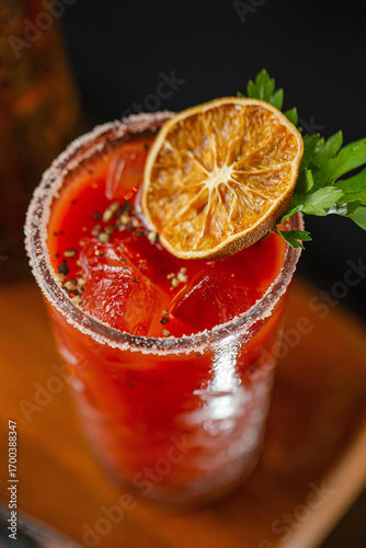 A classic Bloody Mary cocktail served in a crystal glass with salted rim, ice cubes, and garnished with a dried lime slice and fresh parsley, set on a wooden table.