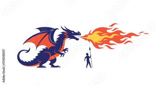 Hero stands bravely against a ferocious dragon breathing a torrent of fire