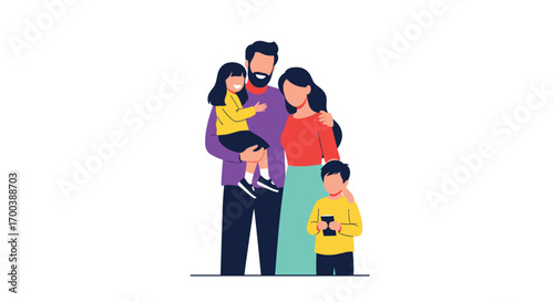 Happy family portrait of parents holding their two young children together in a close embrace
