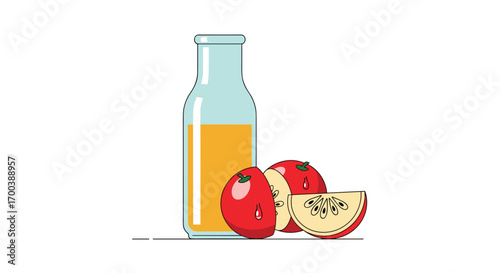 A refreshing bottle of homemade apple cider with fresh ripe apples on a white background