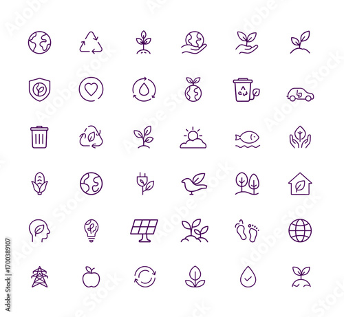 Eco friendly ecology vector icons, earth, globe, tree, leaf, recycle, sustainability, energy, water, environment, organic, climate, conservation, habitat, forest, green illustration, renewable