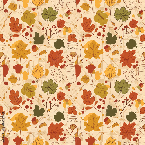 Autumnal symphony whimsical pattern with colorful leaves and seasonal elements, patern seamless, Stock royalty.