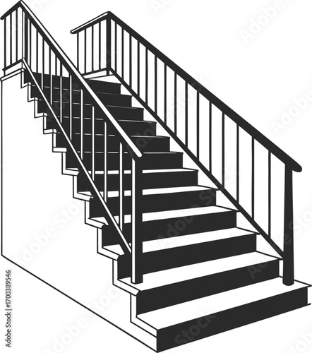 Elegant wooden staircase with a metal handrail winds up to the next floor, a symbol of success in modern home design