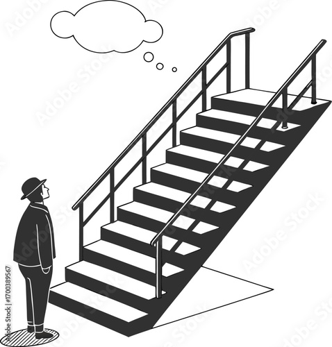 Businessman ascending a conceptual 3D spiral staircase towards a door of success