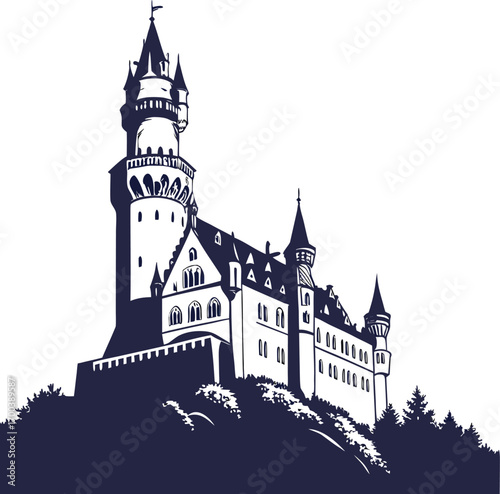 A whimsical fairytale illustration of a medieval castle with a towering flag on a hill in the sky