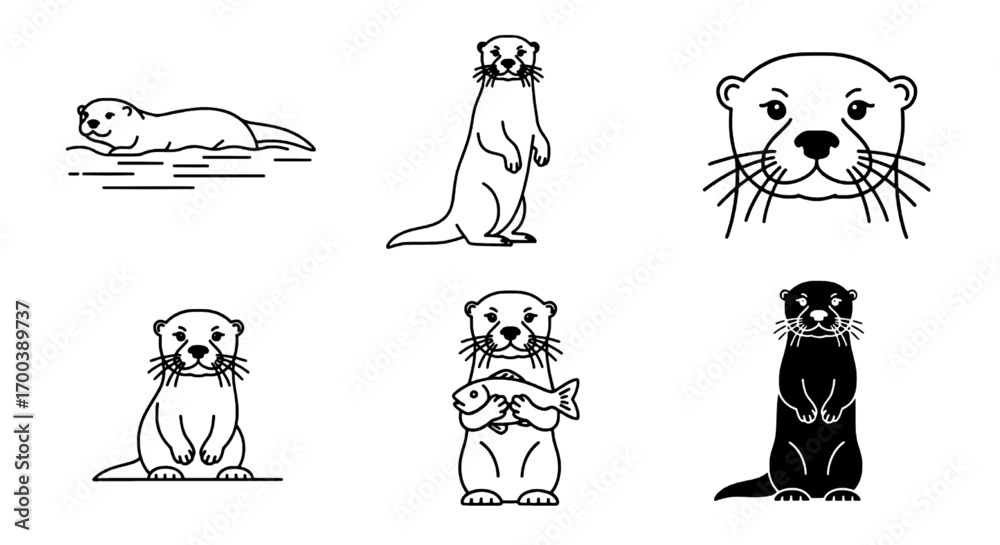 Fototapeta premium Cute Otter Illustrations playful animal icon set of aquatic mammal in various poses