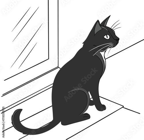 A simple vector silhouette of a cute black feline with a tail and loving eyes, perfect for a pet illustration