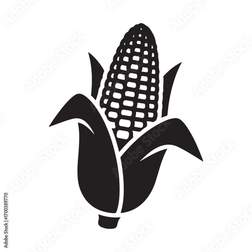 Black Silhouette Corn Cob Icon with Husks on a White Background