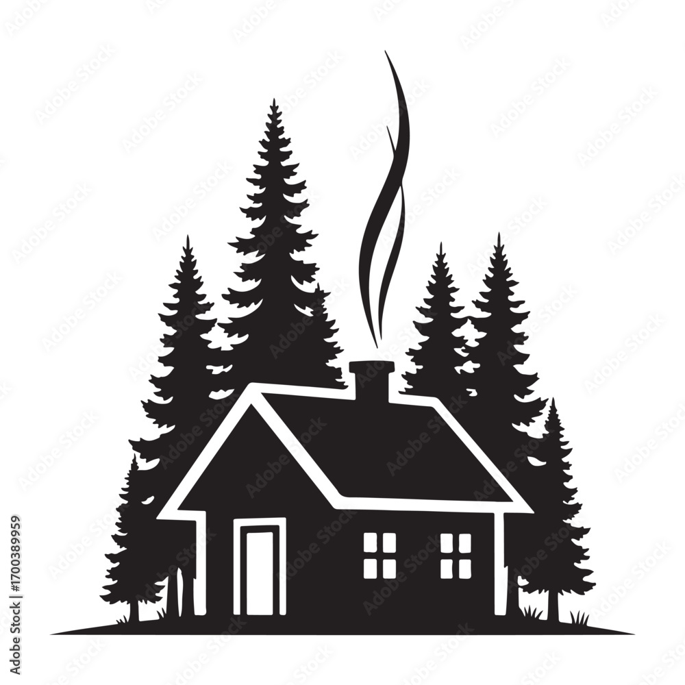 Obraz premium Cabin in the Woods Silhouette with Smoke and Pine Trees
