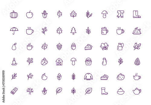 Autumn Harvest Icon Set Vector, Cozy Fall Food Symbols, Pumpkin, Apple, Corn, Leaf, Acorn, Mushroom, Pie, Scarf, Boots, Umbrella, Tea, Warm Thanksgiving Design, Seasonal Illustration, Forest Feast