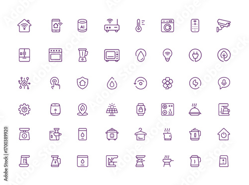 Smart Home Automation Icon Set, Intelligent Home Tech Icons, Connected IoT Devices, Wireless Network, Kitchen Appliances, AI Control, Energy Efficient Gadgets, Vector Illustration