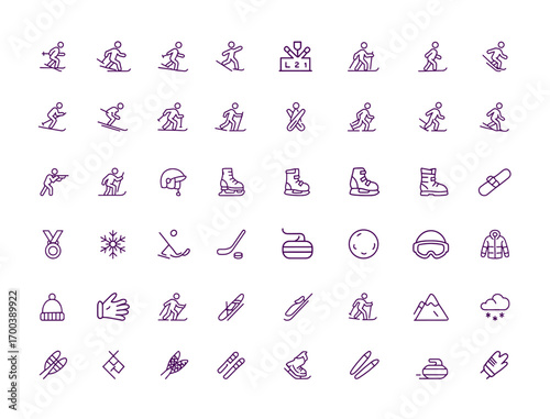 Winter Sports Vector Icon Set, Ski, Snowboard, Ice Skating, Figure Skating, Hockey, Curling, Luge, Sledding, Bobsleigh, Alpine, Nordic, Winter Games Illustration, Athlete Gear, Cold Snow Competition