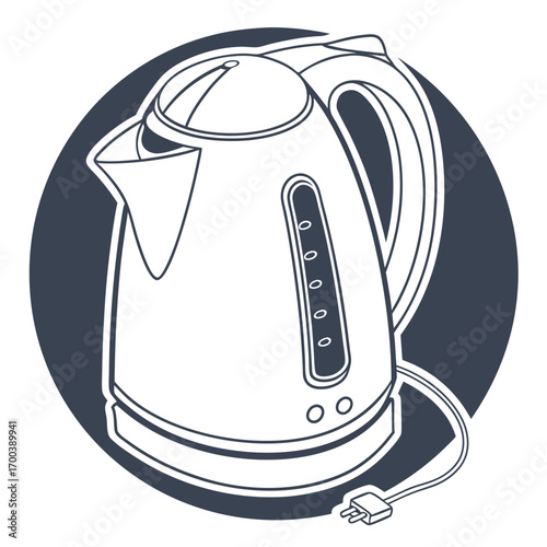 Vector illustration of a modern white electric kettle, an isolated domestic kitchen appliance for boiling water