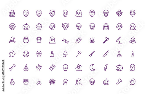 Halloween Spooky Vector Icon Set, Witch, Vampire, Zombie, Mummy, Skeleton, Ghost, Scarecrow, Monster, Clown, Pumpkin, Werewolf, Alien, Dracula, Frankenstein, Horror Characters, Creepy Costume