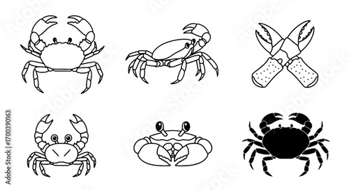 Various crab outlines showcasing different designs and perspectives in black and white