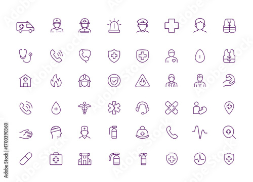 Emergency Rescue Vector Icon Set, Firefighter, Ambulance, Paramedic, Police, Medical, Siren, Alarm, Safety, Hazard, First Response, Healthcare, Protection, Alert, Crisis, Disaster, Aid, Security