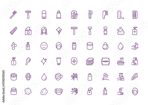 Hygiene Vector Icon Set, Toothbrush, Toothpaste, Razor, Deodorant, Floss, Comb, Tampon, Sponge, Clippers, Tissues, Self Care, Cleanliness, Shaving, Grooming, Skincare, Bathroom, Wellness