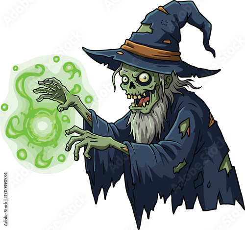 Creepy zombie wizard with tattered cloak and pointed hat casting glowing green magic spell, undead sorcerer character illustration