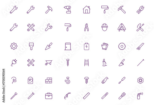 Home Repair Maintenance Icon Set, Handyman Tools Vector, Adjustable Line Weight, Wrench, Hammer, Screwdriver, Drill, Toolbox, Saw, Painting, Pliers, Construction, Renovation, House Fixing