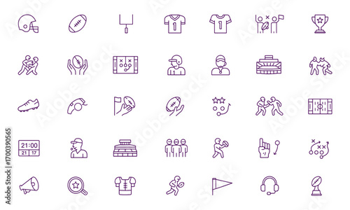 Football Icon Set Vector, American Sport Symbols, Helmet, Ball, Goalpost, Jersey, Timer, Playbook, Fans, Victory, Tackle, Field, Score, Coach, Stadium, Team, Quarterback, Training, Competition