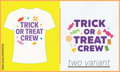 Halloween T-Shirt Designs Featuring "Trick or Treat Crew" with Candy and T-Shirt Mockup Variations
