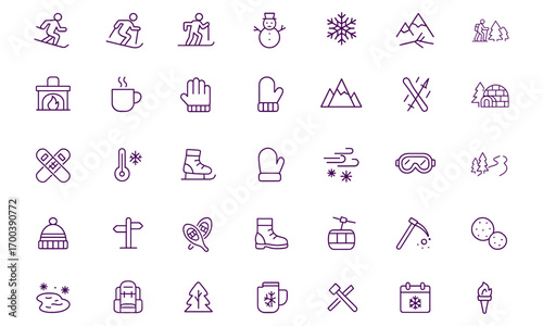 Winter Sports Activities Vector Icon Set, Snowboarding, Skiing, Sledding, Snowman, Fireplace, Hiking, Campfire, Hot Drink, Curling, Igloo, Seasonal Outline Icons, Adjustable Line Weight