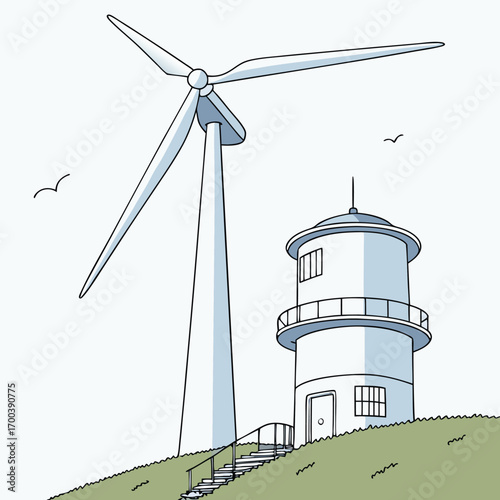 The towering white wind turbines and traditional windmills stand against the vast blue sky, harnessing the energy of nature