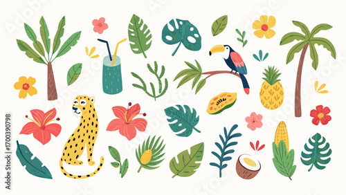 Tropical jungle elements with animals fruits and flowers