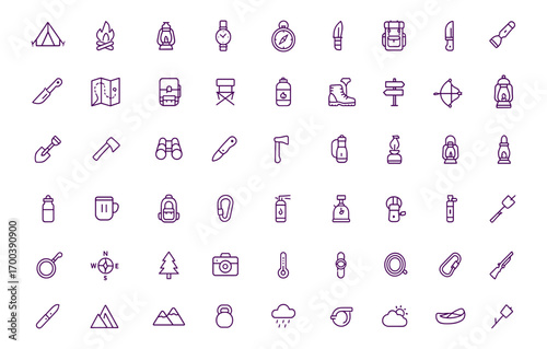 Camping Icon Set, Outdoor Adventure Vector Icons with Tent, Campfire, Lantern, Flashlight, Backpack, Compass, Knife, Map, Survival Gear, Hiking Tools, Adjustable Line Weight, Travel Illustration