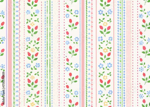 Charming floral stripe pattern with red tulips and blue flowers