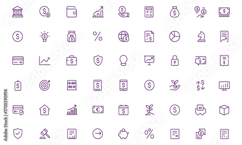 Finance Economy Icon Set, Vector Illustration, Adjustable Line Weight, Business Banking, Currency, Investment, Profit, Savings, Budget, Growth, Exchange, Payment, Chart, Tax, Loan, Deposit