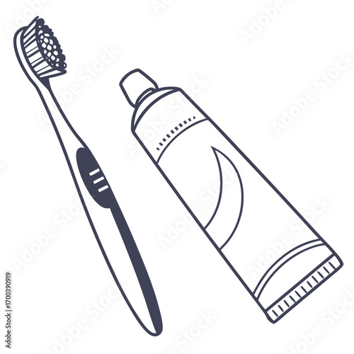 Vector illustration of a toothbrush with toothpaste, a dental hygiene tool and symbol