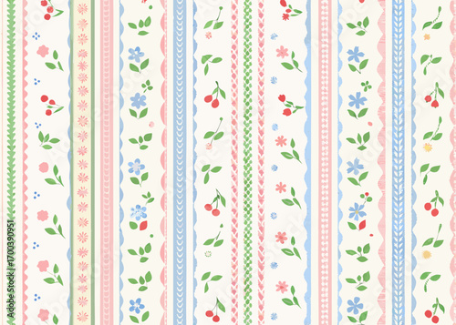 Charming floral and cherry stripe pattern with pastel colors