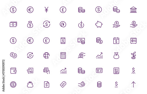 Currency Icon Set Vector, Finance Money Symbols, Dollar Euro Yen Pound, Coins Cash Banking, Economy Exchange Trade, Savings Budget Investment Capital, Adjustable Line Weight Illustration
