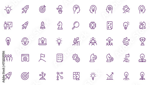 Innovation Progress Vector Icon Set, Creative Brainstorm, Startup, Strategy, Growth, Idea, Research, Development, Planning, Rocket, Productivity, Teamwork, Adjustable Line Weight, Business Vision