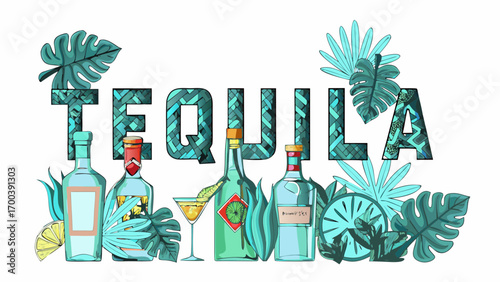 Tequila bottles tropical leaves and cocktail glass illustration