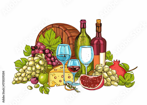 Artistic still life of wine bottles grapes cheese and pomegranate