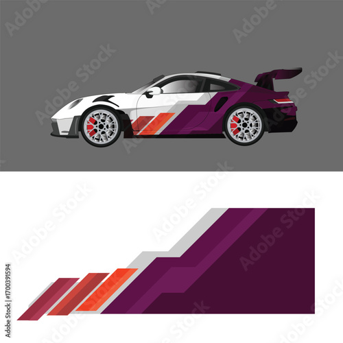 Car livery decal design with a combination of purple, orange, red, and gray colors. Modern geometric diagonal graphic style,