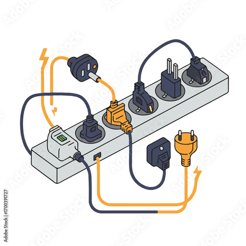Overloaded power strip shows multiple plugs and cords creating a potential fire hazard in a home or office setting, highlighting safety concerns.