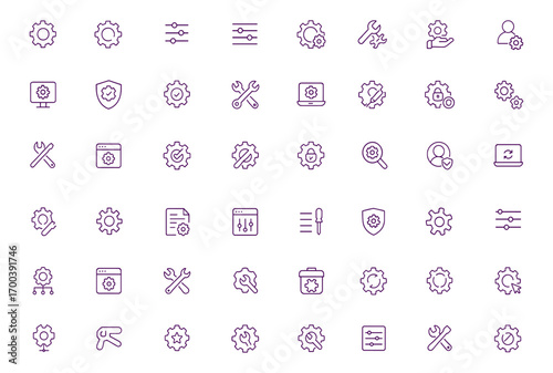 Settings Configuration Icon Set, Gear, Wrench, Control Panel, Network, System Update, Maintenance, Protection, Customization, Technology, Computer Vector, Adjustable Line Weight, Software Tools