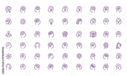 Mind Intelligence Vector Icon Set, Brain Power, AI, Neural Network, Machine Learning, Innovation, Problem Solving, Thinking, Cognition, Smart Automation, Technology, Psychology, Algorithm, Creativity
