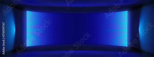 Blue LED wall panel with LCD video effects and digital display textures. Stadium concert backdrops or studio monitor patterns for music events. Neon glow grids or abstract pixel effects for club enter