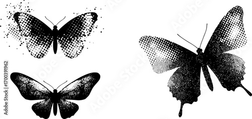 Retro halftone collage butterfly for mixed media design. Insect in halftone texture, dotted pop art style. Vector illustration of vintage grunge punk crazy art templates.