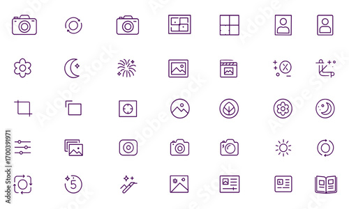 Photography Camera Vector Icon Set, DSLR, Instant Camera, Photo Editing, Composition, Crop, Portrait, Landscape, Macro, Night, Fireworks, Photo Album, Creative Studio, Snapshot, Exposure