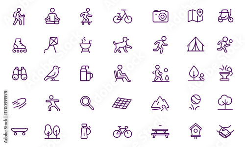 Park Activities Vector Icon Set, Outdoor Fun, Hiking, Yoga, Skateboard, Biking, Picnic, Scooter, Rollerblade, Kite, Camera, Barbecue, Dog, Play, Adventure, Fitness, Leisure, Adjustable Line Weight