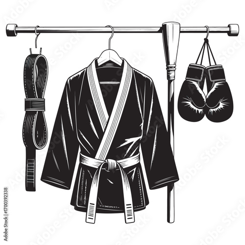 Monochrome vector illustration of combat sports gear with a martial arts uniform, black belt, boxing gloves, and a staff on a hanger