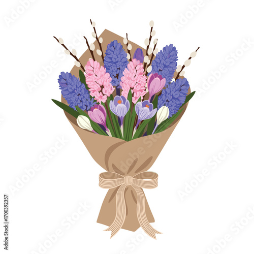 Spring floral bouquet wrapped in kraft paper with bow