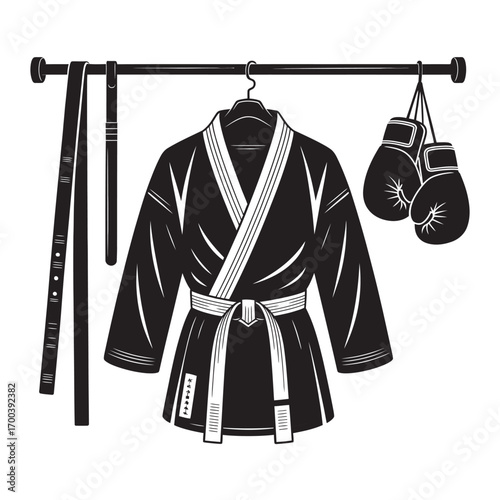 Vector illustration of martial arts gear a gi with black belt, an extra belt, and boxing gloves, neatly displayed on a hanger, representing readiness