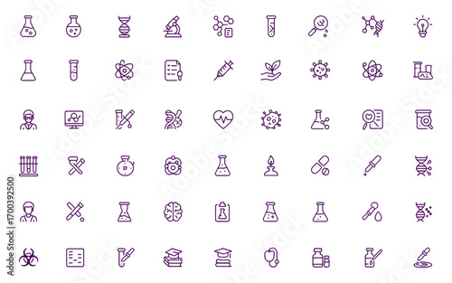 Science Research Icon Set, Vector Illustration, Laboratory, Microscope, Chemistry, Biology, Medical, Biotechnology, Atom, Experiment, Flask, Test Tube, Analysis, Beaker, Molecular, Genetic
